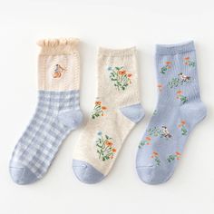 Garden Picnic Sock Set (Cream/Blue) – Megoosta Fashion Cute Cotton Socks For Spring, Comfortable Cotton Socks For Spring, Nice Socks, Sock Bunny, Edgy Clothing, Kawaii Socks, Blue Rabbit, Flower Socks, Ladies Socks