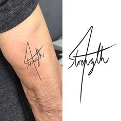 a tattoo on the arm that says strength and is next to an image of a man's leg