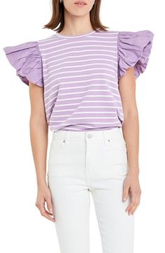 Dramatic ruffle sleeves boldly frame this chic stripe top that will stand out as the focal point of any look. 24" length (size Medium) Crewneck Cap sleeves 95% cotton, 5% spandex with 100% cotton contrast Hand wash, dry flat Imported White Vertical Stripes Top For Spring, White Tops With Vertical Stripes For Spring, Chic Short Sleeve Tops With Striped Sleeves, Summer Chic Tops With Striped Sleeves, Chic Summer Tops With Striped Sleeves, Chic White Tops With Striped Sleeves, Chic Vertical Stripes Top For Spring, Chic Tops With Vertical Stripes For Spring, Chic Cotton Tops With Striped Sleeves