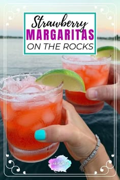 strawberry margaritas on the rocks with text overlay