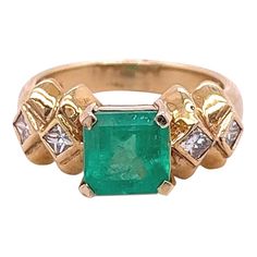 Vintage Emerald-cut Colombian Emerald mounted in 14k solid yellow gold ring set with princess-cut diamond accents. A superb quality Emerald with a vivid, bright green, color hue. This Emerald bears excellent luster, vibrance, and brilliance.   14k solid gold ring and secure prong setting make for a secure fit that's ideal for daily wear. Hypoallergenic, tarnish-free, and a polished finish for extra shine.   Certificate of appraisal included upon request.   Ring Details:  - Ring Size: 7 U.S. (adj Vintage Solitaire Engagement Ring, Purple Diamond, Solid Gold Ring, Colombian Emeralds, Gold Ring Sets, 18k Gold Ring, Gold Band Ring, Gold Snake, Yellow Gold Ring