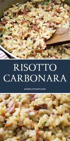 risotto carbonara with bacon and parmesan cheese in a skillet