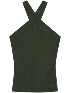 dark green fine knit semi-sheer construction logo charm slim cut seam detailing halterneck straight hem Fitted Cami Top For Work, Green Ribbed Tops For Work, Green Ribbed Tops For Workwear, Chic Green Fine Knit Top, Chic Fitted Green Knit Top, Elegant Green Stretch Tank Top, Fitted Ribbed Halter Neck Top, Ribbed Fitted Halter Neck Top, Green Fitted Tank Top For Work