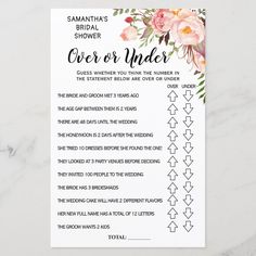 a floral bridal shower checklist with pink flowers