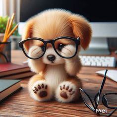 a small puppy wearing glasses sitting on top of a desk