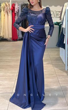 L2220 - Sexy Satin Fitted Scoop Empire Sequined Long Sleeves Ruched Wi Royal Blue Evening Dress, Wedding Coat, Train Party, Hacks Clothes, Evening Dress Fashion, Fashion Hacks, Cardigan Sweater Dress, Ruched Bodice, Fashion Hacks Clothes