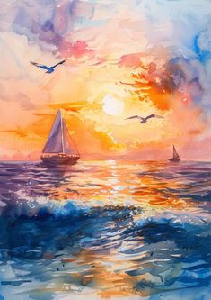 a painting of a sailboat in the ocean at sunset with birds flying over it