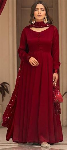 Red and Maroon color Salwar Kameez in Cotton fabric with Thread work Maroon Anarkali Dress, Red Anarkali Dress, Maroon Anarkali, Red Anarkali Suits, Maroon Gown, Anarkali Designs, Red Anarkali, Combination Dresses, Cotton Long Dress