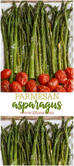 asparagus with tomatoes and parmesan sprinkles on the side