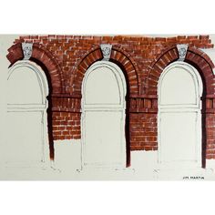 an architectural drawing of three arched windows on a brick wall, with the top half painted white