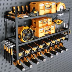 there is a shelf with many tools on it