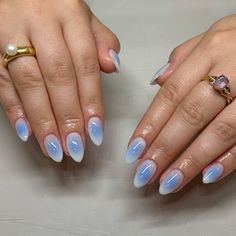 Blue airbrush aura nails medium almond with white base Acrylic Nail Designs Almond Blue, Nail Designs With White Base, Nail Designs White Base, Nails Medium Almond, Star Aura Nails, Blue Almond Summer Nails, Coastal Nails Almond, Blue Almond Short Nails, Nails Acrylic Aura