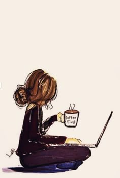 a drawing of a woman sitting on the floor with a laptop and holding a coffee mug