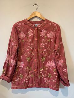 "Vintage Embroidered jacket made by BEA Classics  85% cotton 15% Flax  Label says dry clean only but I washed it on gentle cycle in cold water and hung it to dry Beautiful embroidery made in India  Perfect for a spring day or anytime of the year  Good condition Trendy boho free people look 26\" long  Will fit small to medium" Casual Embroidered Cotton Outerwear, Winter Embroidered Button-up Tops, Fall Long Sleeve Outerwear With Tonal Embroidery, Fall Outerwear With Tonal Embroidery Long Sleeve, Fall Tonal Embroidery Long Sleeve Outerwear, Pink Cotton Outerwear With Floral Embroidery, Floral Embroidered Cotton Button-up Outerwear, Spring Cotton Outerwear With Floral Embroidery, Casual Pink Outerwear With Floral Embroidery