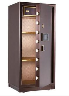 a brown safe with its door open on a white background