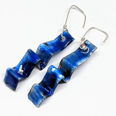 These Handcrafted Statement Earrings Are Made Of Copper With Layers Of Lead-Free Vitreous Enamel With A Kiln Firing After Each. They Are Have Accordion Folds And Are About 3" Long. They Have Sterling Silver Ear Wires. One Of A Kind And Brand New Without Tags Blue Enamel Dangle Jewelry, Modern Blue Metal Earrings, Blue Metal Earrings For Gift, Unique Blue Earrings, Unique Blue Drop Earrings, Unique Blue Metal Earrings, Blue Unique Drop Earrings, Blue Enamel Jewelry With Matching Earrings, Unique Blue Dangle Earrings