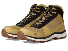 Caterpillar Passage Mid CT - Men's Shoes : Curry : Safe and stylish at the same time, the CaterpillarPassage Mid CT Shoes can help you stay comfy all day long. Carbon composite safety toe meets ASTM F2412-18/ASTM F2413-18 EH (Electrical Hazard) standards. Molded EVA midsole. Slip-resistant rubber outsole meets SATRA, Mark II ASTM F1677-05 standards. Leather and mesh upper. Mesh lining. Removable cushioned EVA blend insole. Lace-up closure. Multicolored upper construction. Imported. Measurements: Casual Yellow Work Boots For Outdoor, Yellow Work Boots With Reinforced Toe For Outdoor, Casual Slip-resistant Work Boots For Outdoor, Casual Safety Lace-up Sneakers, Casual Lace-up Safety Boots, Durable Casual Work Boots For Construction, Casual Construction Work Boots With Protective Feet, Casual Slip-resistant Work Boots For Outdoor Activities, Casual Slip-resistant Work Boots For Construction