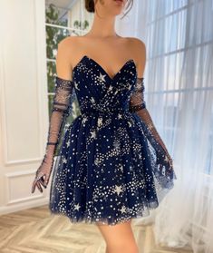 Midnight Flâneur Mini Dress | Teuta Matoshi Teuta Matoshi, Sparkly Shorts, Dress With Gloves, Mini Prom Dresses, Mini Homecoming Dresses, Eras Tour Outfit, Evening Party Gowns, Nike Trainers, فستان سهرة