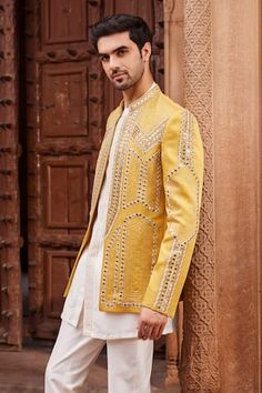 Mustard jacket with resham, zardozi, mirror embellishment in geometric pattern. Paired with kurta and pant. - Aza Fashions Designer Nehru Jacket With Mirror Work For Festive Season, Designer Long Sleeve Sets With Mirror Work, Festive Nehru Jacket With Gota Work And Long Sleeves, Festive Nehru Jacket With Gota Work, Festive Long Sleeve Nehru Jacket With Gota Work, Traditional Nehru Jacket With Mirror Work For Festivals, Designer Festive Sets With Gota Work, Designer Fitted Sets With Gota Work, Designer Nehru Jacket With Cutdana For Festive Occasions