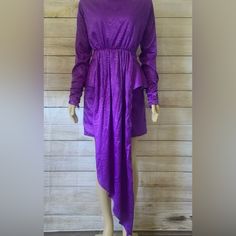 Dodo Bar Or Purple Satin Party Maxi Dress Long Sleeve Sz 44 Usa 8 Purple Long Sleeve Dress For Party Season, Festive Asymmetrical Hem Party Dress, Festive Party Dress With Asymmetrical Hem, Festive Long Sleeve Satin Dress, Purple Asymmetrical Hem Party Dress, Purple Satin Midi Dress For Party, Long Sleeve Silk Party Dress, Silk Long Sleeve Party Dress, Festive Evening Dress With Draped Design