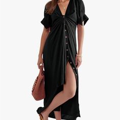 Perfect Summer/Spring Maxi Dress. Low Neck Line And Buttons Up The Middle Which Can Be Undone. Ties At The Chest Which Can Be Done In A Bow Or Left Loose. Dress Is Lined. Never Worn. Can Be Dressed Up For A Night Out Or Dressed Down For Day. Black Rayon Midi Dress For Vacation, Chic Black Rayon Maxi Dress, Black Dress With Buttons For Vacation, Black Midi Dress With Buttons For Beach, Black Rayon Maxi Dress For Summer, Black Rayon Midi Dress For Beach, Black Rayon Midi Dress For Day Out, Casual Buttoned Maxi Dress For Date Night, Black Short Sleeve Rayon Maxi Dress