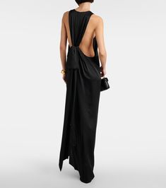 Draped satin crêpe gown in black - Saint Laurent | Mytheresa Bold Gold Jewelry, Alexander Mcqueen Clothing, Drape Gowns, Crepe Gown, Red Accessories, Anthony Vaccarello, Satin Gown, Maxi Dress Evening, Quiet Luxury