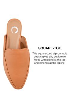 Slip on the Akza to give any outfit retro vibes. A backless version of a classic loafer, this easy-wear mule features a notched topline, stitched piping, and tiny stacked heel for sophisticated style with everyday comfort. Sizing: M=standard width 1" heel Square apron toe Slip-on style Open counter Padded footbed Low block heel Manmade upper/sole Imported Trendy Square Toe Mules For Workwear, Trendy Square Toe Mules For Work, Trendy Brown Slip-on Mules, Fitted Slip-on Mules For Summer, Classic Fitted Mules For Spring, Spring Workwear Mules With Square Toe, Chic Square Toe Loafers For Summer, Casual Pointed Toe Loafers For Everyday, Casual Everyday Loafers With Pointed Toe