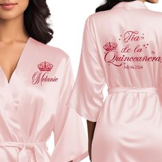 Beautiful quinceanera robes. Personalized satin robes for tia de la quinceanera. Quince Surprise Dance Outfits Pink, Dama Gifts, Chambelanes Outfits Quinceanera Vaquero, Quince Charro, Quince Surprise Dance Outfits, Chambelanes Outfits Quinceanera, Pink Quince Theme, Chambelanes Outfits, Surprise Dance Outfits