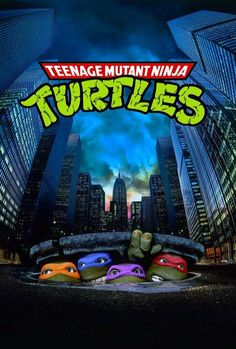 the teenage mutant ninja turtles movie poster is shown in front of a cityscape