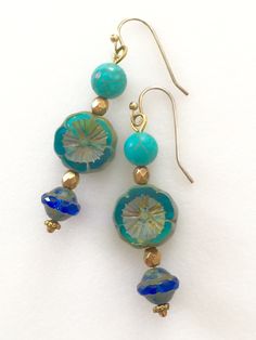 Aqua Czech Glass Flower Earrings Aqua Blue Czech Glass - Etsy Blue Round Beaded Earrings With Spacer Beads, Turquoise Nickel-free Czech Glass Jewelry, Nickel-free Turquoise Czech Glass Jewelry, Turquoise Czech Glass Earrings As Gift, Blue Round Beaded Earrings As Gift, Hypoallergenic Turquoise Glass Earrings, Turquoise Czech Glass Round Jewelry, Blue Round Beaded Earrings, Blue Flower Earrings For Jewelry Making