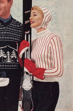 1950s Vintage Ladies Striped Ski Sweater with Cap Vintage Ski Outfit, Vintage Skiing Aesthetic, Mode Au Ski, Ski Inspiration, Retro Cap, Ski Bunny, Ski Vintage, Apres Ski Party, Retro Ski