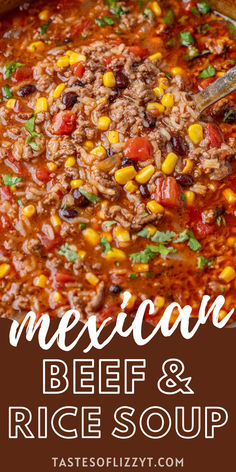 mexican beef and rice soup in a bowl with a spoon