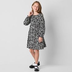 This charming Thereabouts floral A-line dress for little and big girls is perfect for everyday style or special occasions. It's made from a soft jersey cotton-blend with a square neckline, long sleeves, and a knee-length. Style it with flats and a denim jacket. Closure Type: Pullover HeadNeckline: Square NeckSleeve Length: Long SleeveDress Length: Knee LengthFiber Content: 60% Cotton, 40% Recycled PolyesterFabric Description: JerseyCare: Machine Wash, Tumble DryCountry of Origin: Imported Casual Floral Print Twirl Dress For Spring, Jcpenney Dresses, A Line Dresses, Plus Dresses, Girls Long Sleeve, Everyday Style, Dress Backs, Square Neckline, Dress Black