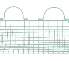 a green wire basket with two handles on the top and bottom, against a white background