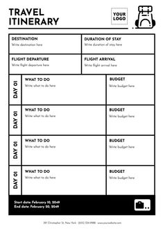 the travel itinerary form is shown in black and white, with an image of luggage