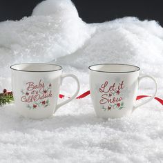 This fun Set of 2 Baby Its Cold Outside and Let It Snow Mugs features our Winterberry motif, snowflakes and sayings "Let it Snow" and "Baby it's Cold Outside". The unique design will add a whimsical touch to your casual everyday dining. Crafted of porcelain. Microwave and dishwasher safe. Set of 2 Baby Its Cold Outside and Let It Snow Mugs, each measures 4-1/2 inch high and hold 20 ounces. Snow Mugs, Winter Mugs, Mug Sets, Winter Bright, Holiday Dishes, Baby Its Cold, Its Cold, Holiday Craft, Holly Berries