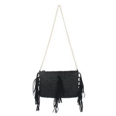 MAGID WOMEN'S PAPER STRAW BAG WITH FRINGE AND CROSSBODY CHAIN Size: ONE SIZE FIT ALL.  Color: Black.  Gender: female.  Age Group: adult. Black Rectangular Bag With Fringe, Summer Black Rectangular Clutch, Black Summer Party Bag, Black Party Bag For Summer, Summer Crossbody Clutch With Chain Strap, Summer Clutch With Chain Strap, Black Shoulder Bag For Summer Evenings, Black Clutch For Summer Evenings, Black Shoulder Bag For Evening In Summer