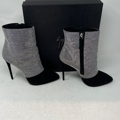 Authentic And New. Original Box And Dust Bag Included Elegant Silver Ankle Boot Heels, Glamorous Silver Leather Boots, Elegant Silver Boots With Round Toe, Glamorous Silver Evening Boots, Luxury Silver Boots For Night Out, Luxury Silver Boots For Evening, Chic Silver Boots For Night Out, Luxury Rhinestone Boots For Formal Occasions, Elegant Silver Boots For Party