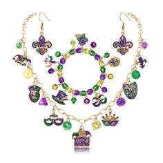 PRICES MAY VARY. MARDI GRAS JEWELRY ACCESSORY --Traditional Mardi Gras Beads necklace are essential for any New Orleans style Mardi Gras Party and Parade.Roll down Royal Street with this awesome Mardi Gras charm necklaces earrings bracelet . These glittery MARDI GRAS fleur-de-lis pendant on the gold chain necklace completes the aristocratic look! Add shine to the rest of your Mardi Gras themed accessories and apparel with this fleur de lis drop earring necklace and purple green gold beaded stret Adjustable Party Jewelry With Lobster Clasp, Party Multicolor Charms Necklaces, Costume Jewelry With Lobster Clasp For Party, Gold Beaded Charms Bracelets For Parties, Costume Jewelry With Dangling Metal Beads, Multicolor Charm Jewelry For Birthday, Metal Costume Jewelry With Dangling Beads, Multicolor Charms Jewelry For Birthday, Purple Party Jewelry With Colorful Beads