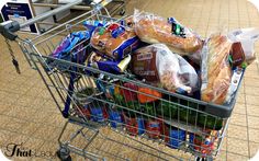 a shopping cart filled with lots of food