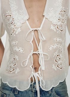 Embroidered blouse with bows - Woman | MANGO USA Bow Women, Tie Front Top, Lace Insert, Tie Blouse, Front Tie Top, Elbow Length Sleeve, Cut Work, 2024 Fashion, Material Design