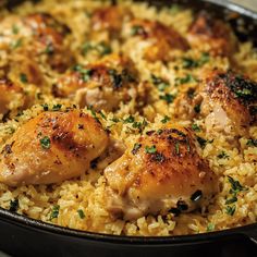 chicken and rice in a skillet with parsley on top