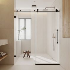 a bathroom with a walk in shower next to a white sink and wooden stools