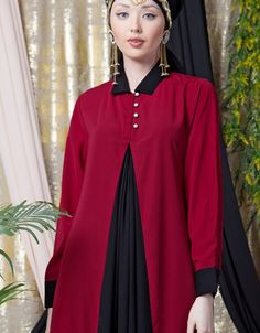 Executive cum casual abaya pull from neck to wear Red with Black Contrast Collar Two utility pocket at side seam Front close with loop and button, easy to wear Cuff and front pleated yoke Hijab and band shown in the image can be bought separately Fabric: 100% Polyester Satin (Shining Premium Nida)Care: Mild machine wash/ hand Cold Wash/ Dry cleanWe request customers to carefully choose the correct size and dress length referring to our size chart Casual Abaya, Red Flare, Black Peach, Wear Red, Contrast Collar, Polyester Satin, Wearing Red, Dress Length, Long Sleeve Blouse