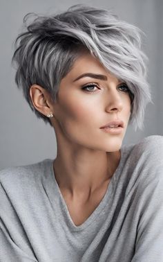 Gray Hair Black Highlights, Asymmetrical Edgy Hair, Grey Long Pixie Haircut, Short Haircuts Edgy, Pixie Haircut With Long Bangs Edgy, Short Hair Long Bangs Pixies, Long Pixie Grey Hair, Earrings For Short Hair Pixie Cuts, Long Pixie Haircut 2024