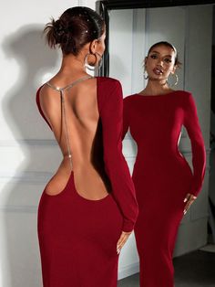 Women's Red Sexy Open Backless Rhinestone Chain Detail Maxi Fitted Party Dress Burgundy Elegant  Long Sleeve Knitted Fabric Plain Bodycon Medium Stretch  Women Clothing, size features are:Bust: ,Length: ,Sleeve Length: