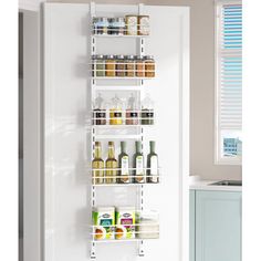 the pantry shelving unit is organized and ready to be used as a spice rack