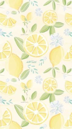 lemons with leaves and flowers on a yellow background seamless wallpaper pattern photo