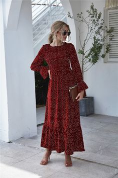 F00067860-103 Long Sleeve Dress Long, Korea Dress, Modest Maxi Dress, Vintage Red Dress, Floral Dress Casual, Red Maxi, Elegant Maxi Dress, Red Dress Maxi, Maxi Dress Cocktail