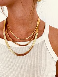 Classic herringbone chain, available in three different sizes. A staple for every stack! 17 inch necklace with 2 inch chain extender Big Gold Chains, Lifestyle Jewelry, Style Vision Board, Gold Snake Chain, Mesh Necklace, Tiny Rings, Herringbone Chain, Snake Chain Necklace, Snake Jewelry